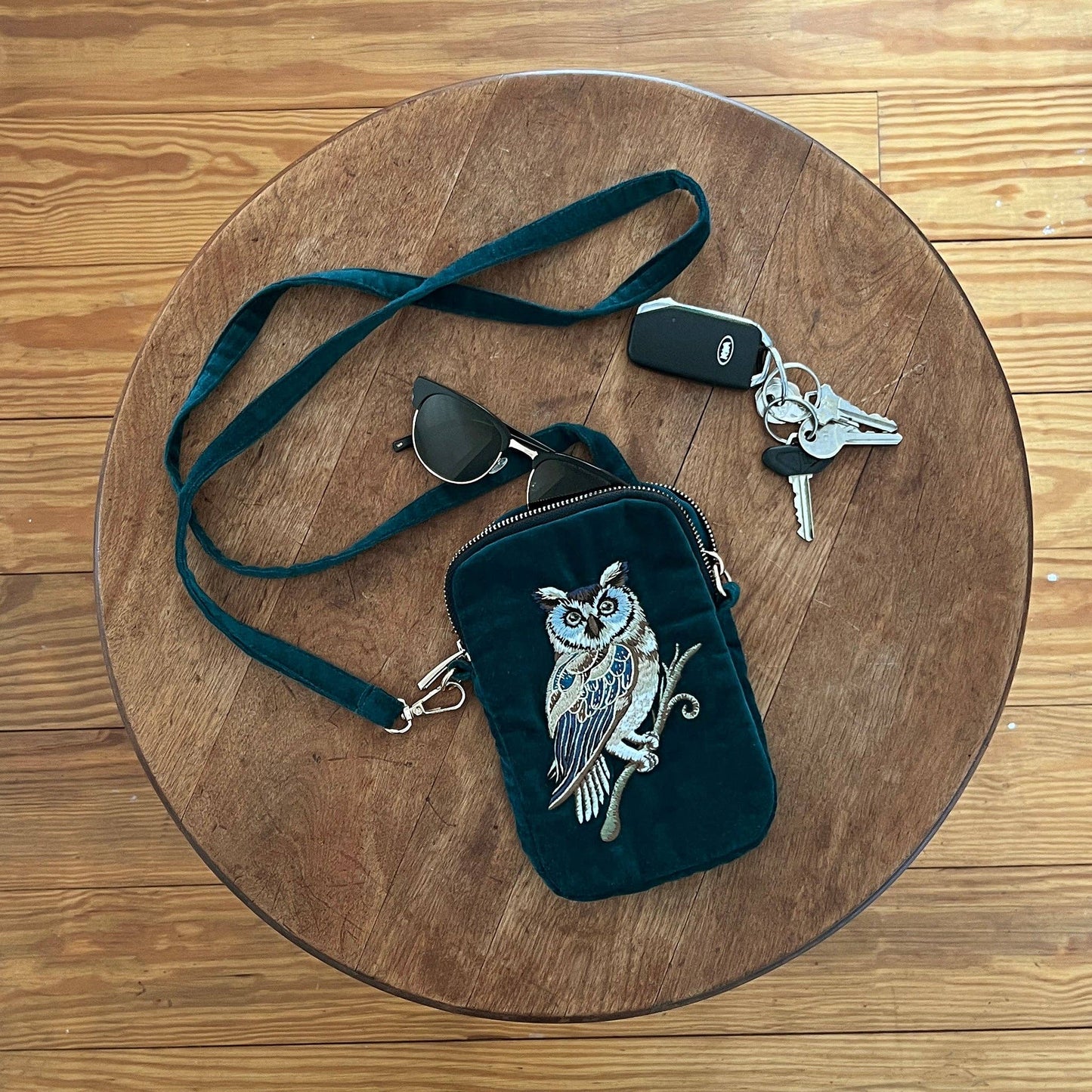 Owl - Wisdom Embroidered Velvet Cell & Sunnies Cross Body