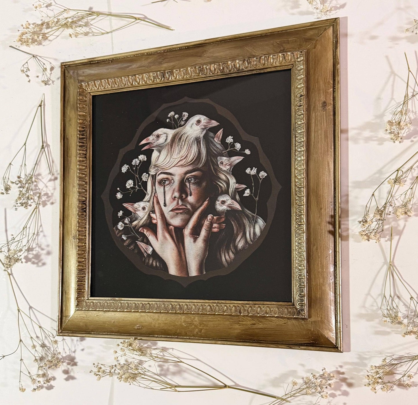 Framed Gothic Crow & Baby's Breath Watercolor Art