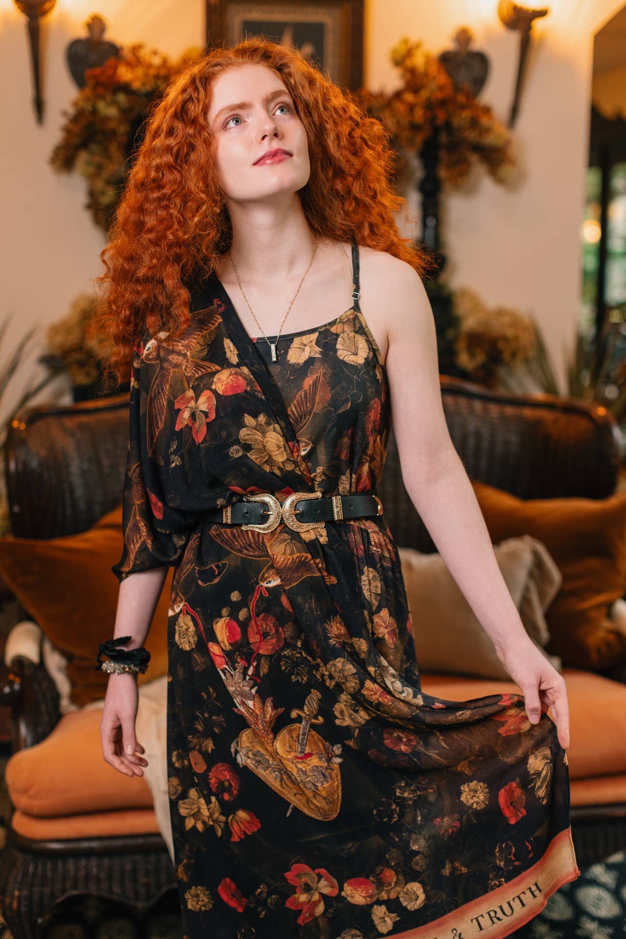 Heart of Gold Scarf w/ Swallows & Sacred Heart