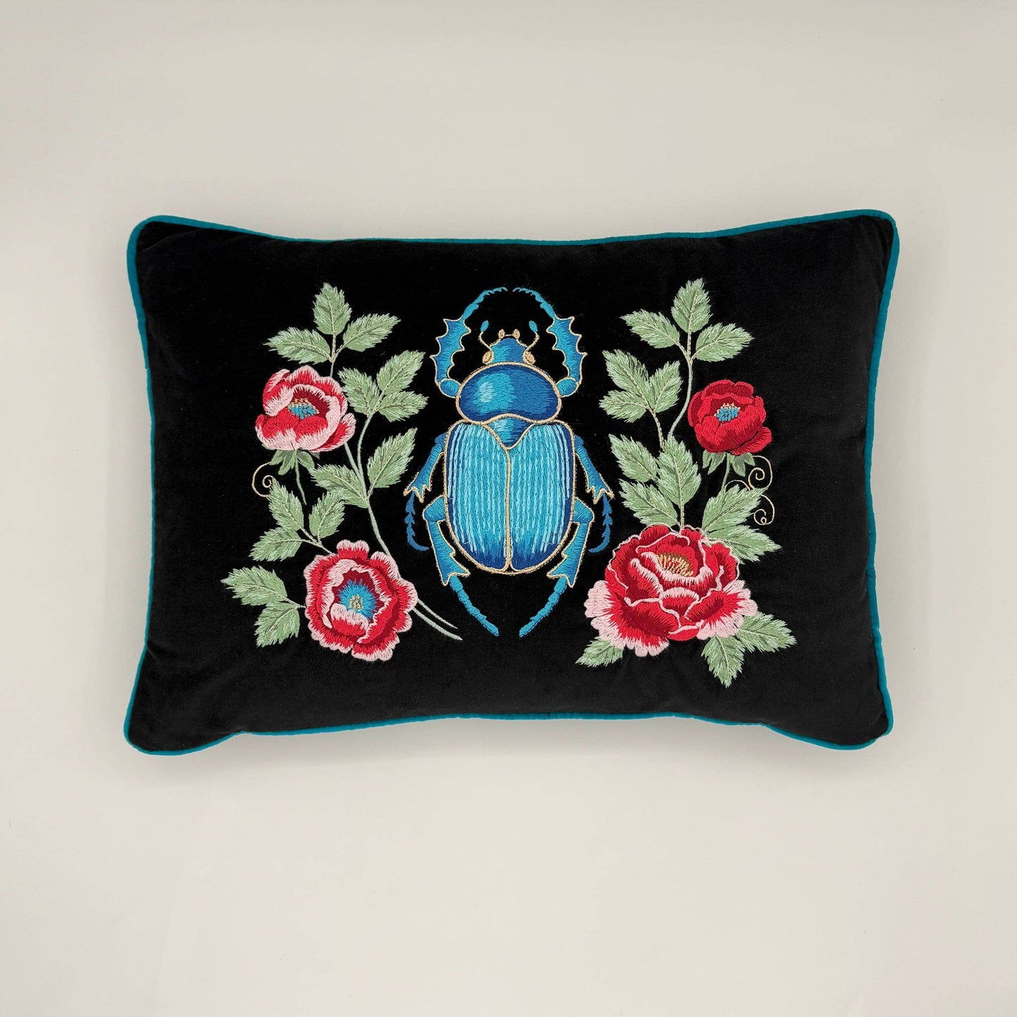 Beetle and Flowers - The Sanctuary Embroidered Velvet Pillow