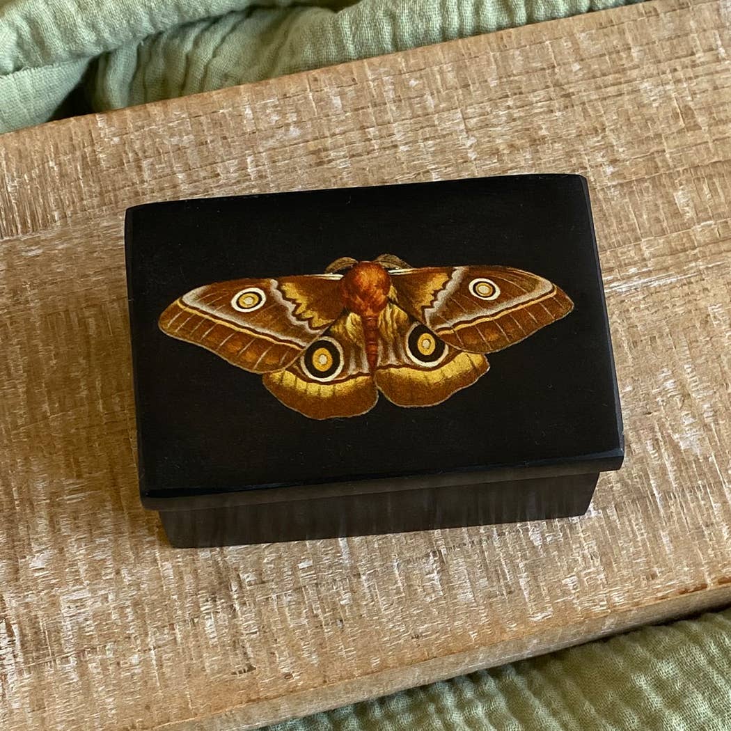 3" Emperor Moth Black Soapstone Trinket-Jewelry Box