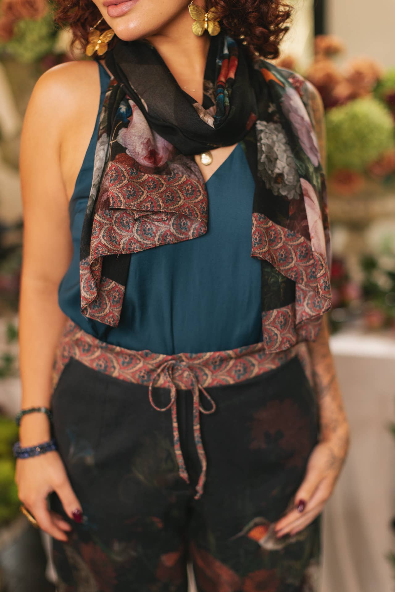 Flight of Fancy Floral Scarf with Hummingbirds