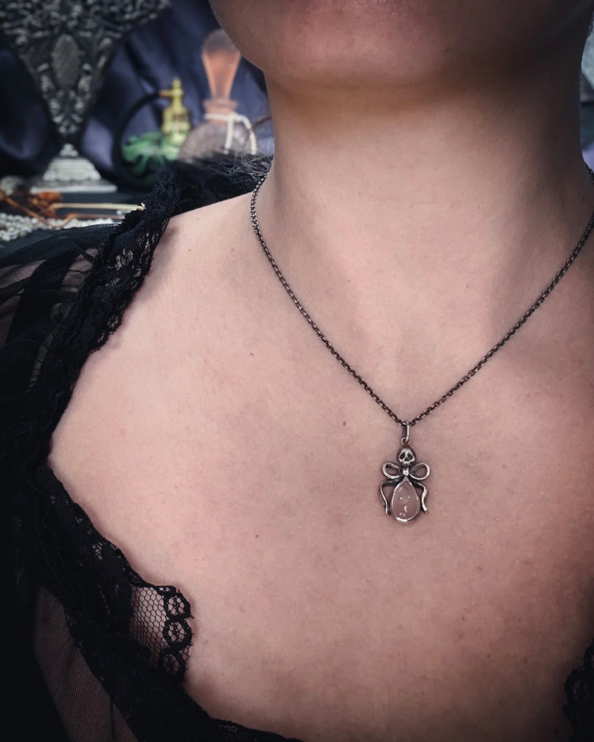 Small Pink Chalcedony Death by Ribbons Pendant by Uneven Creations x Olivia Faust