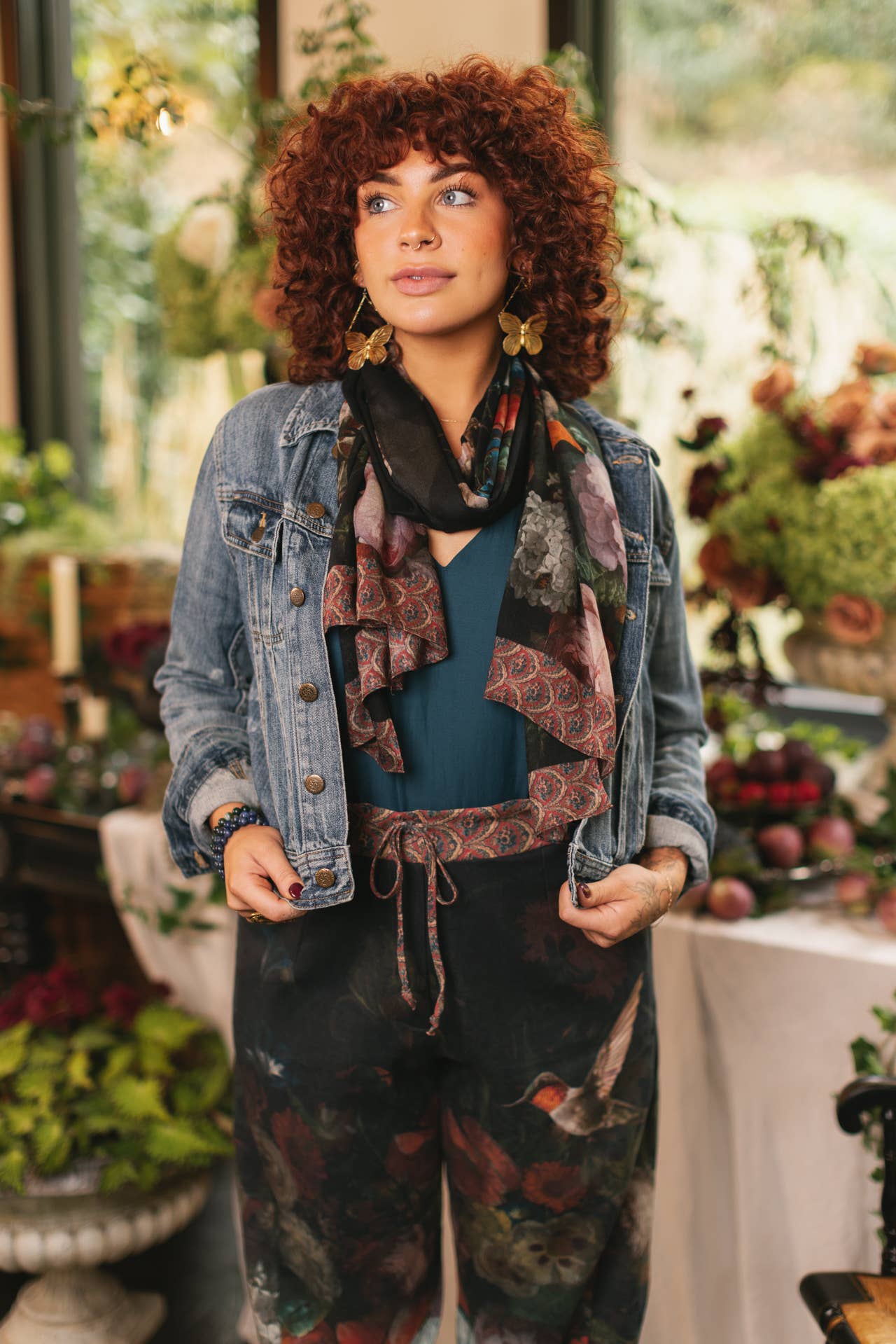 Flight of Fancy Floral Scarf with Hummingbirds