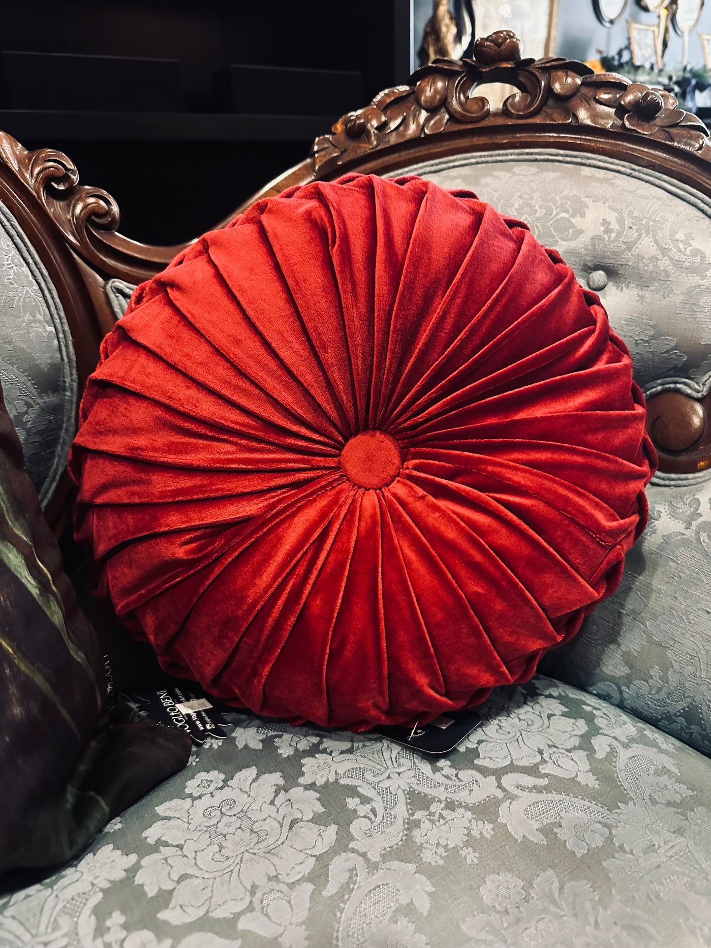 Crimson Velvet Round Smocked Round Pillow - 12 Inch