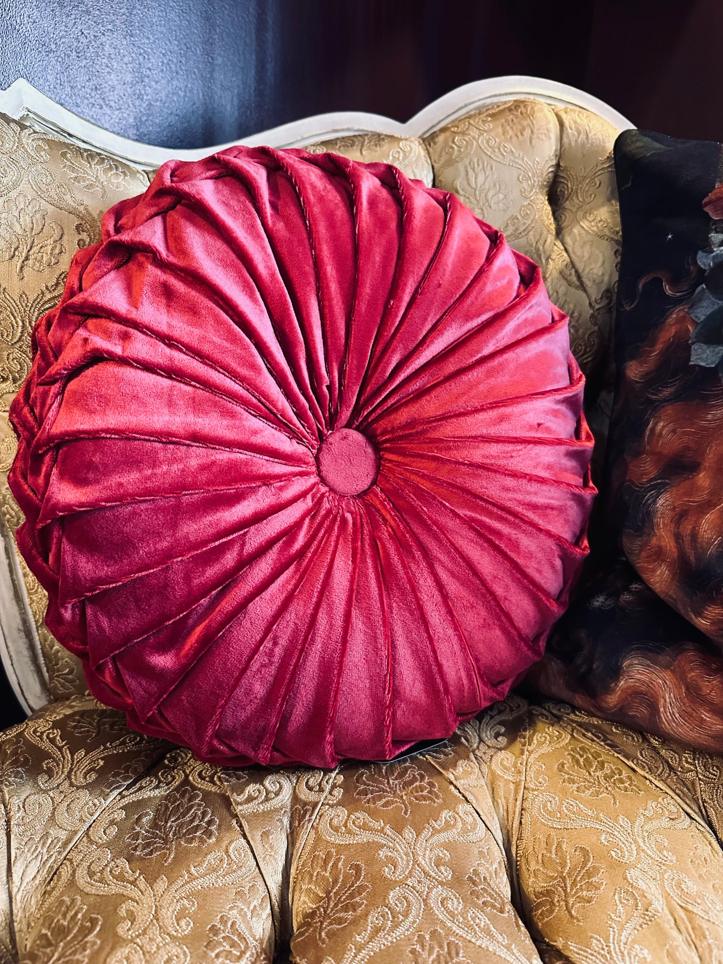 Crimson Velvet Round Smocked Round Pillow - 12 Inch