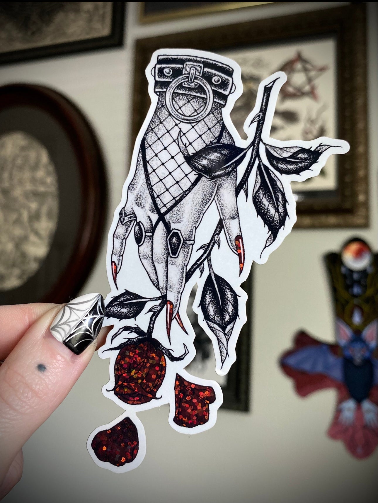 Victorian Gothic Hand Glitter Rose Vinyl Sticker by Salem Artist Dana Glover