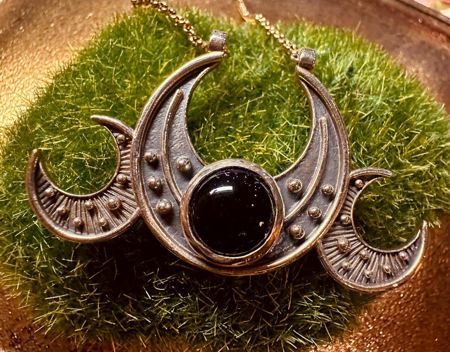 Triple Moon Goddess Necklace // Bronze & Onyx