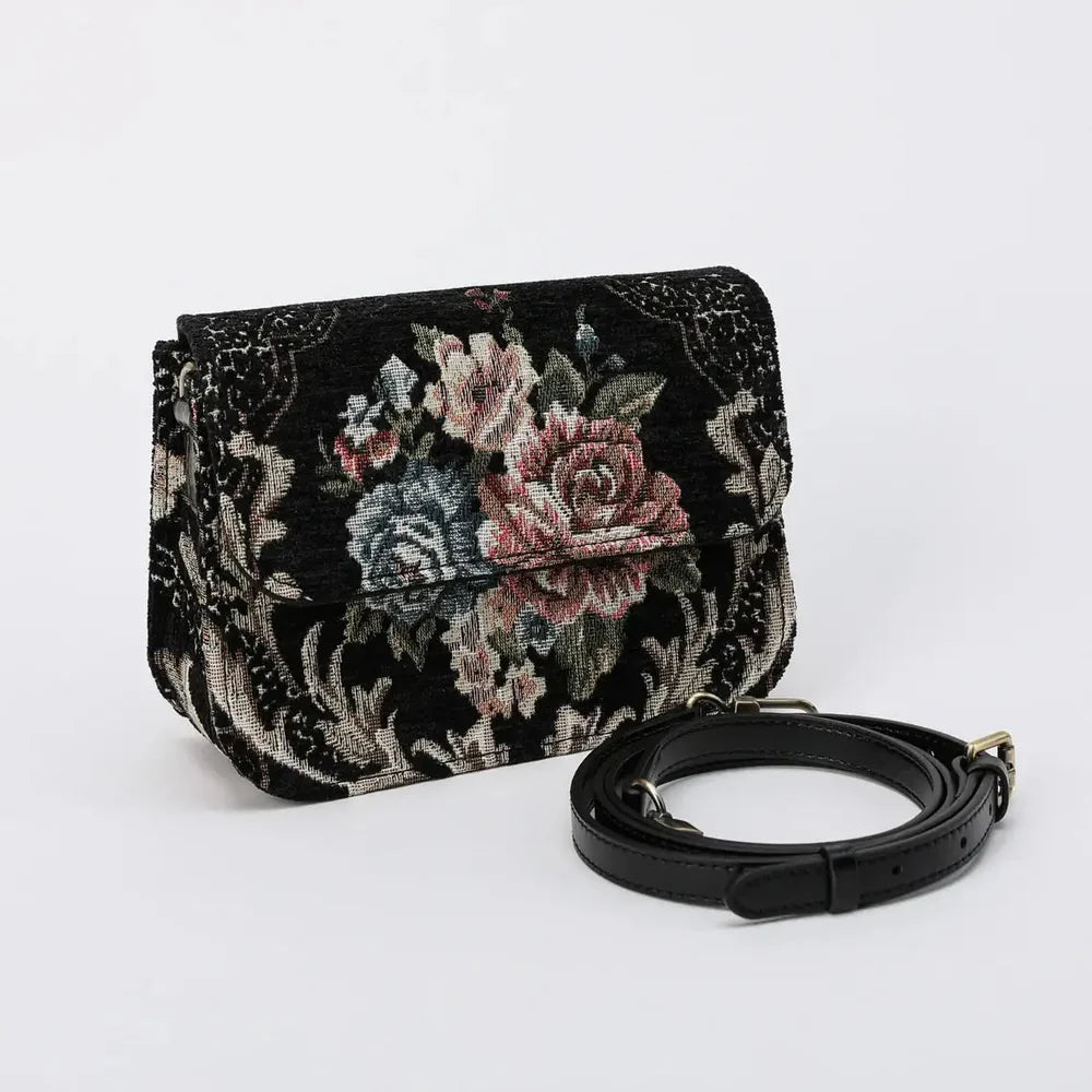 Floral Black Flap Crossbody Bag