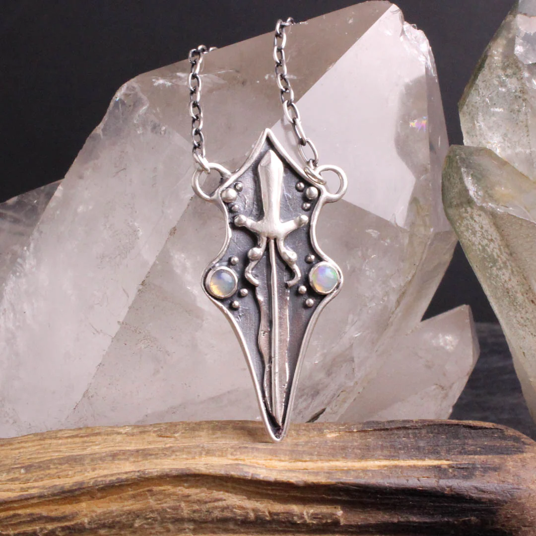 Sword Shield Necklace with Opal by Acid Queen Jewelry