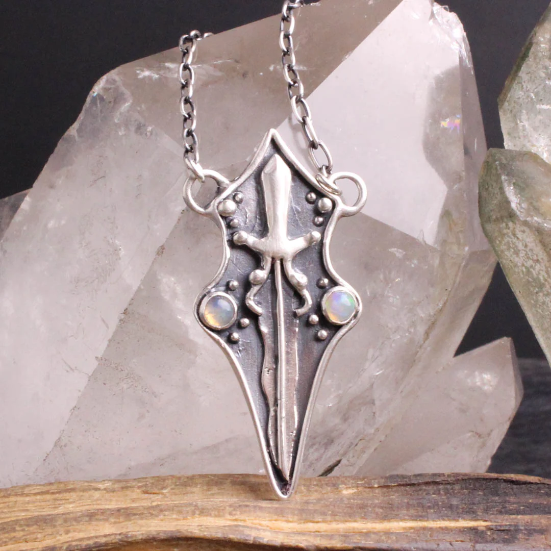 Sword Shield Necklace with Opal by Acid Queen Jewelry