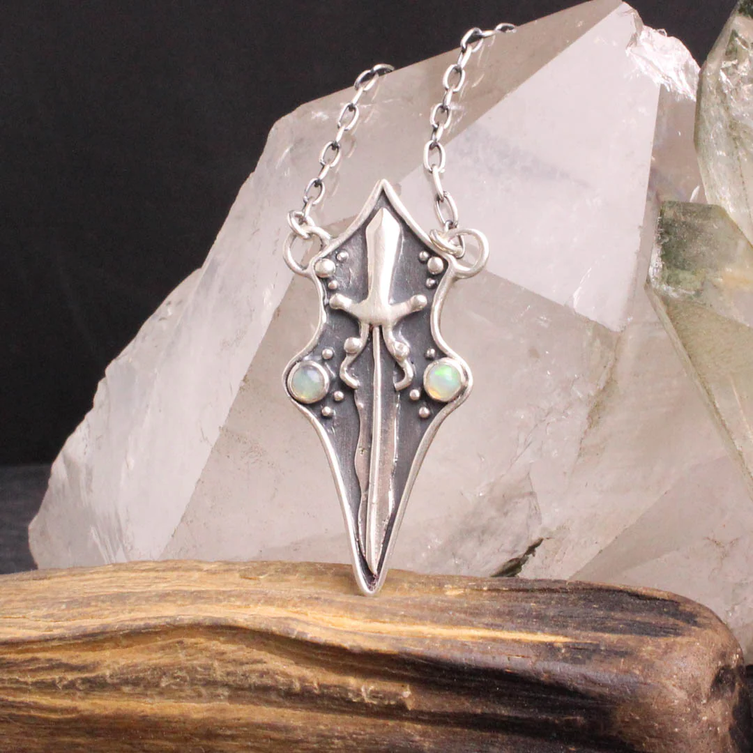 Sword Shield Necklace with Opal by Acid Queen Jewelry