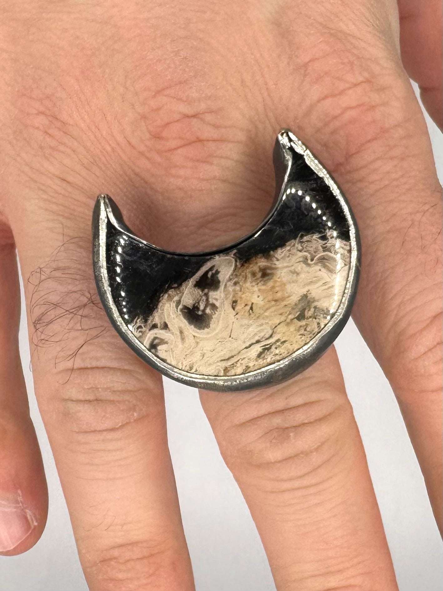 Hierophant Ring Petrified Wood Crescent Moon in Sterling Silver by Julian the 2nd