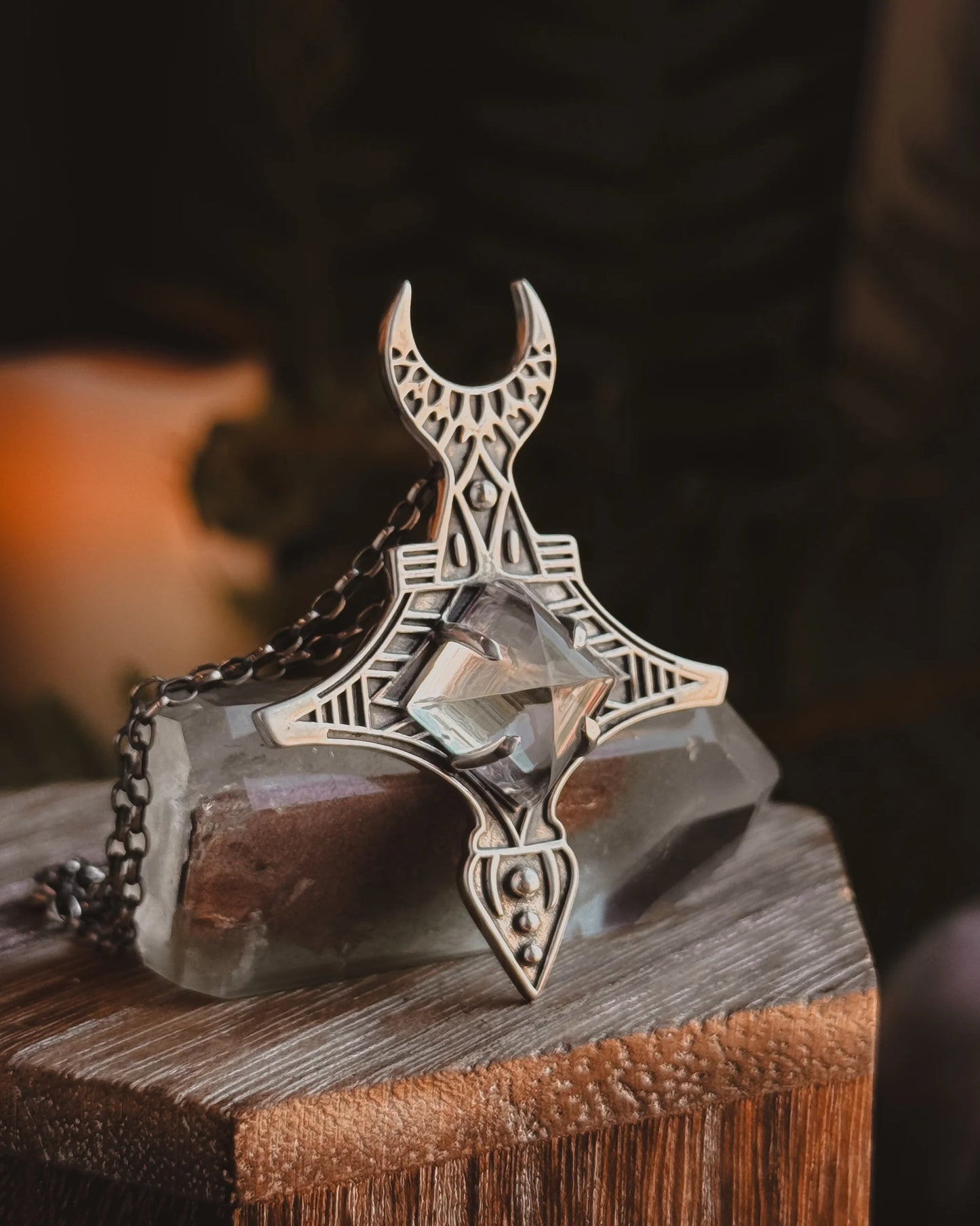 Armored Moon Necklace- Pyramid Quartz