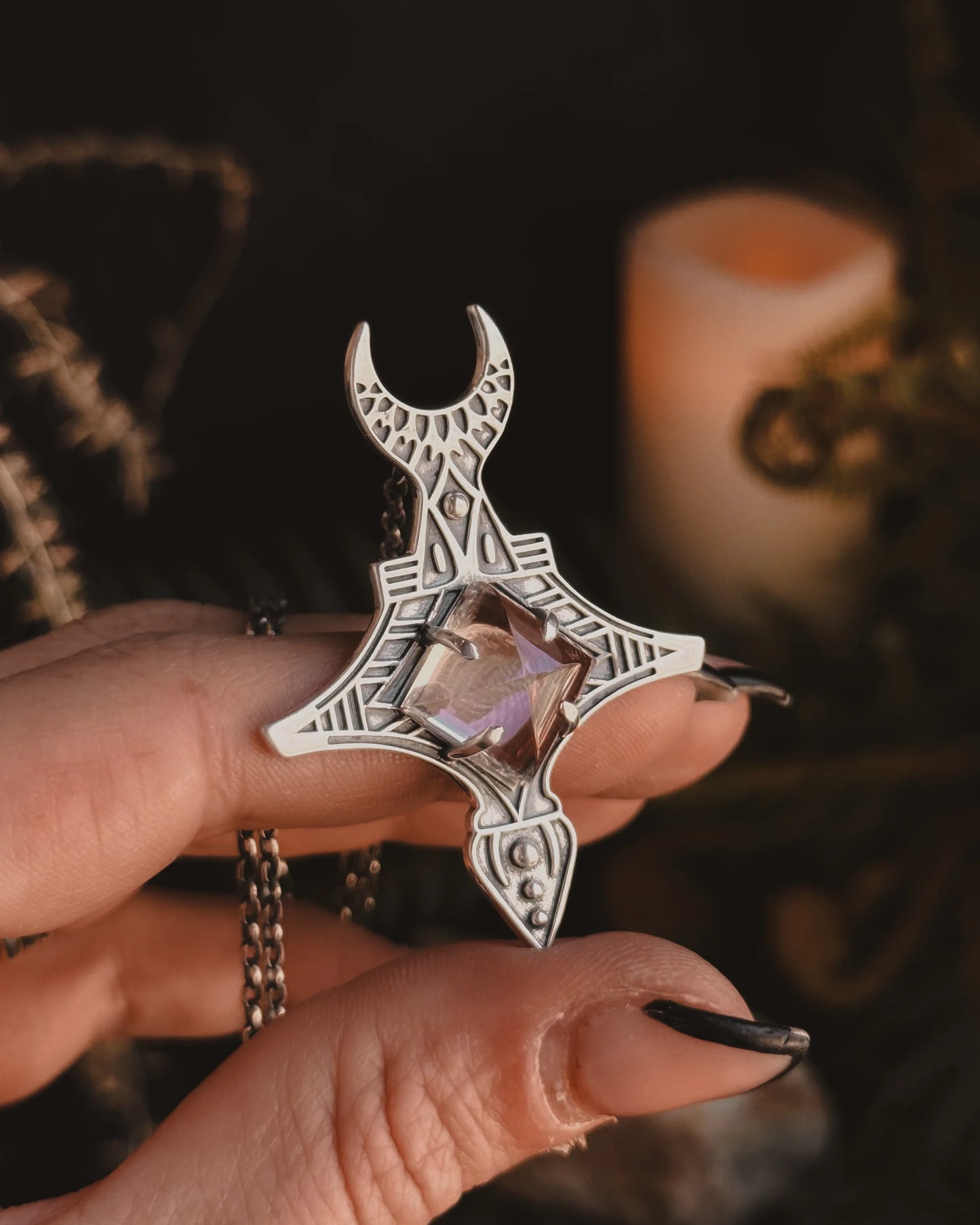 Armored Moon Necklace- Pyramid Quartz
