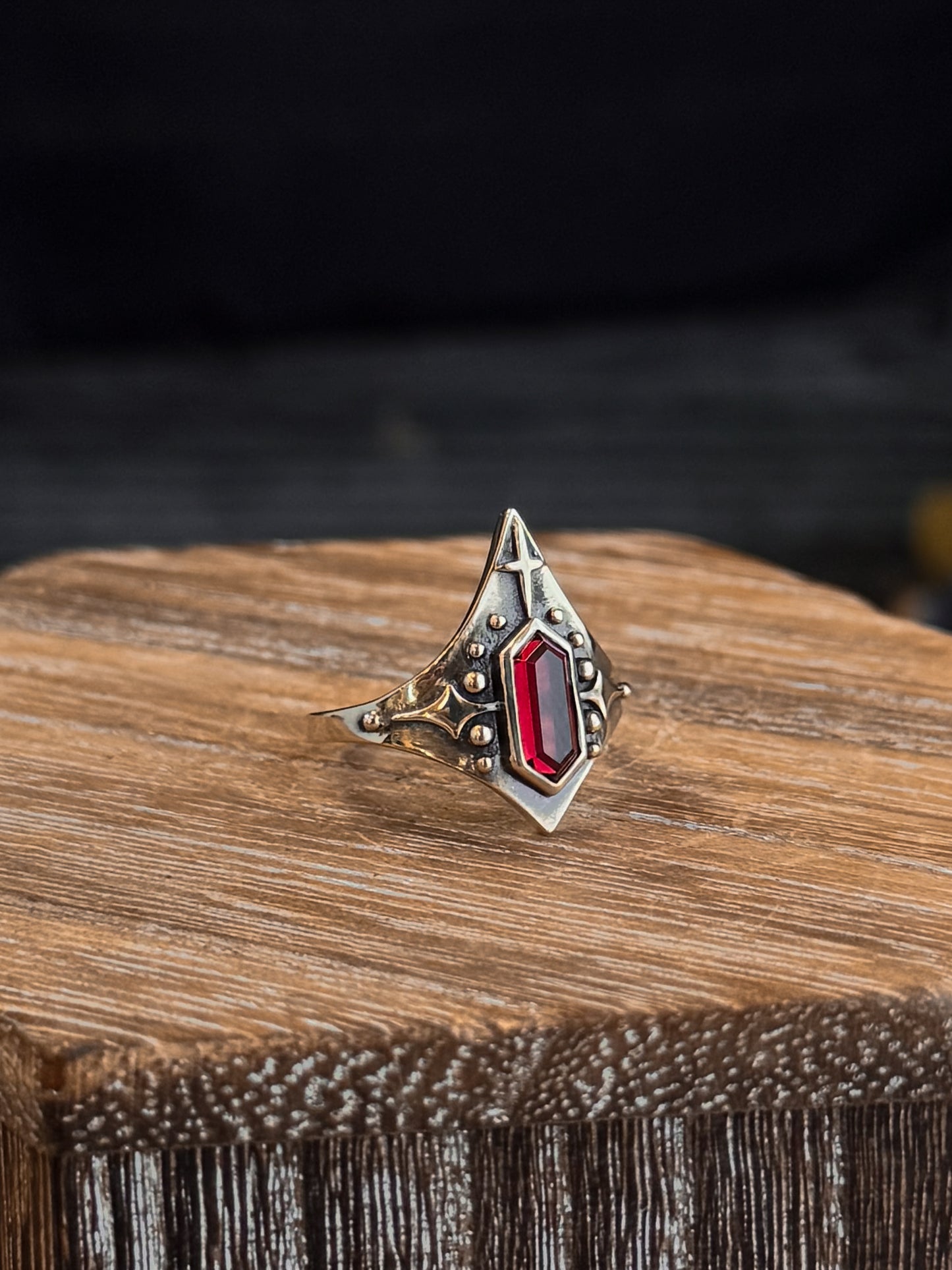 Theia Star Shield Ring | Brass + Garnet