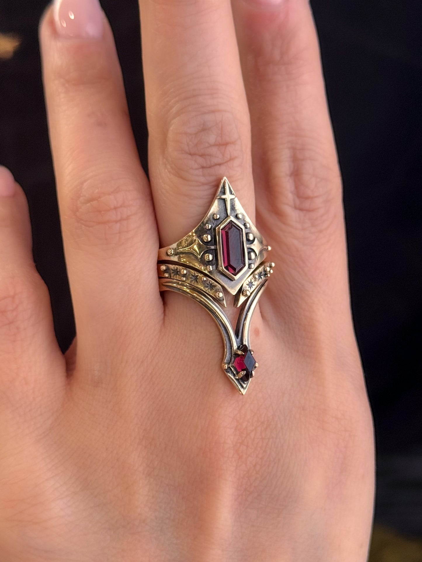 Theia Crown Stacker Ring | Brass + Garnet