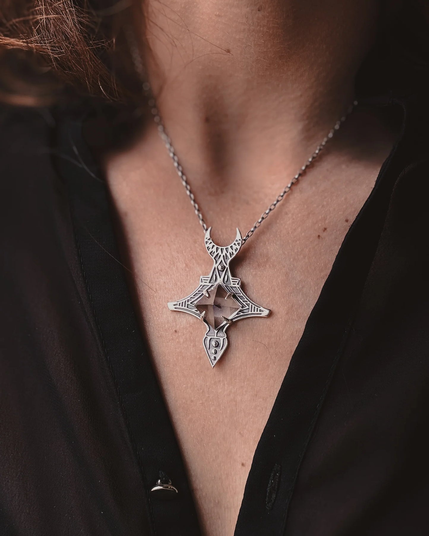 Armored Moon Necklace- Pyramid Quartz