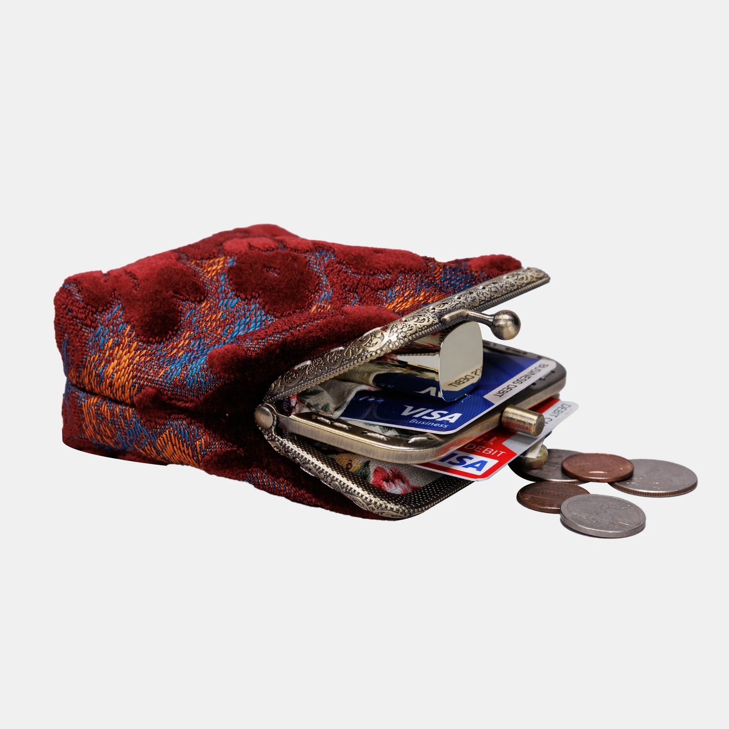 Burnout Velvet Red Wine Double Kiss Clasp Coin Purse
