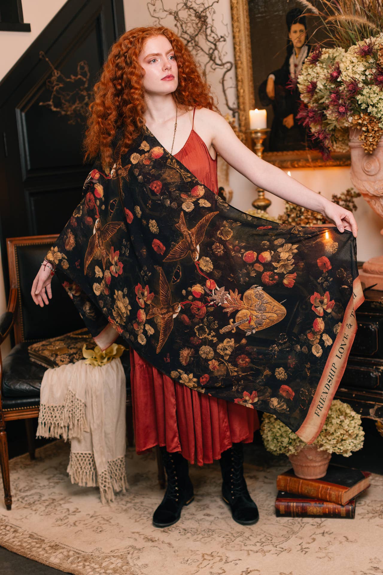 Heart of Gold Scarf w/ Swallows & Sacred Heart