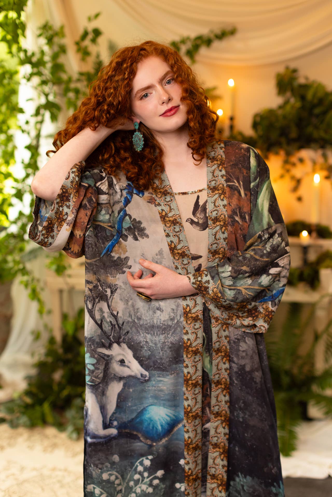 Theatre of Dreams Long Kimono Robe w/ Deer and Forest