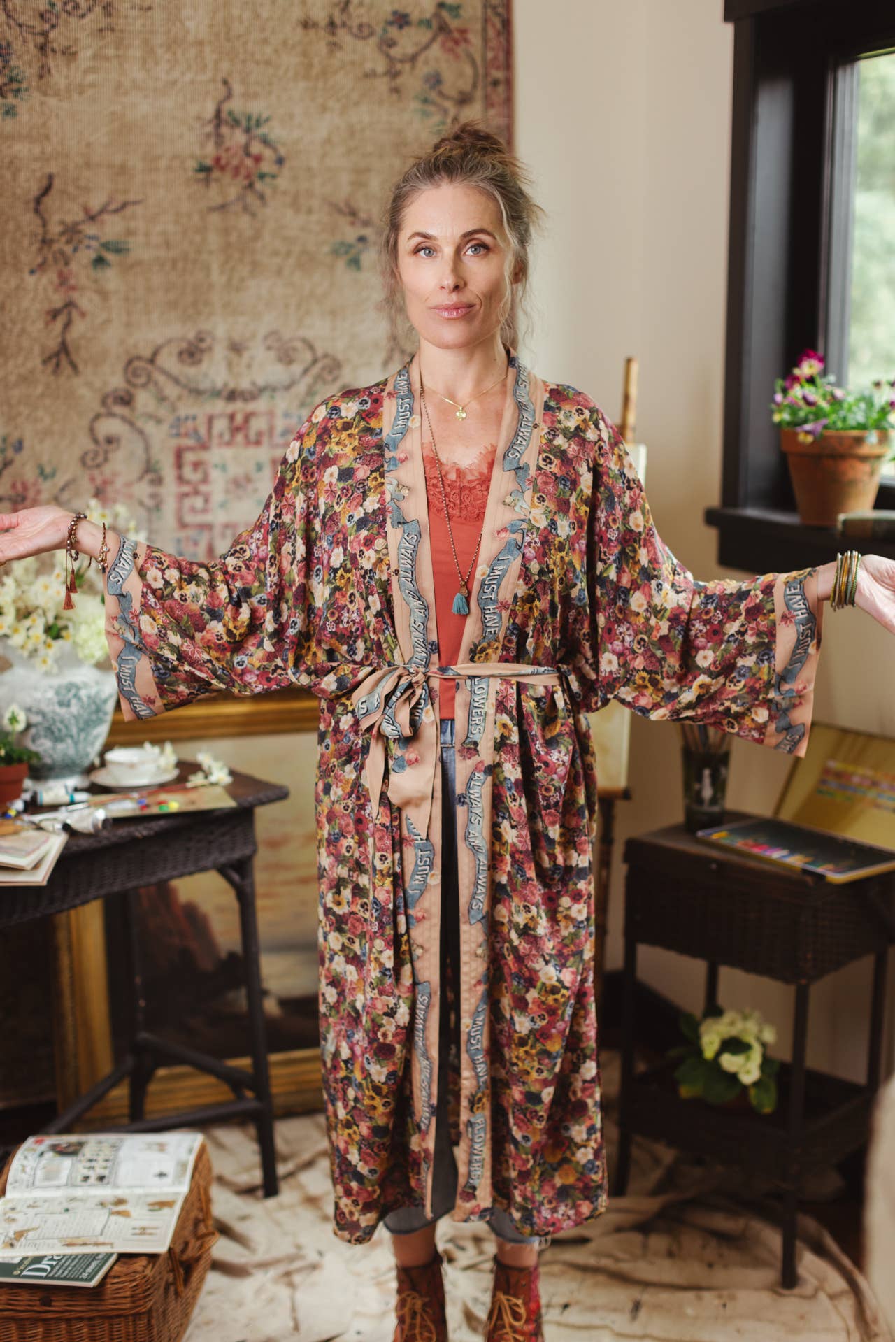 Art of Life Kimono w/ Flower Palette Print