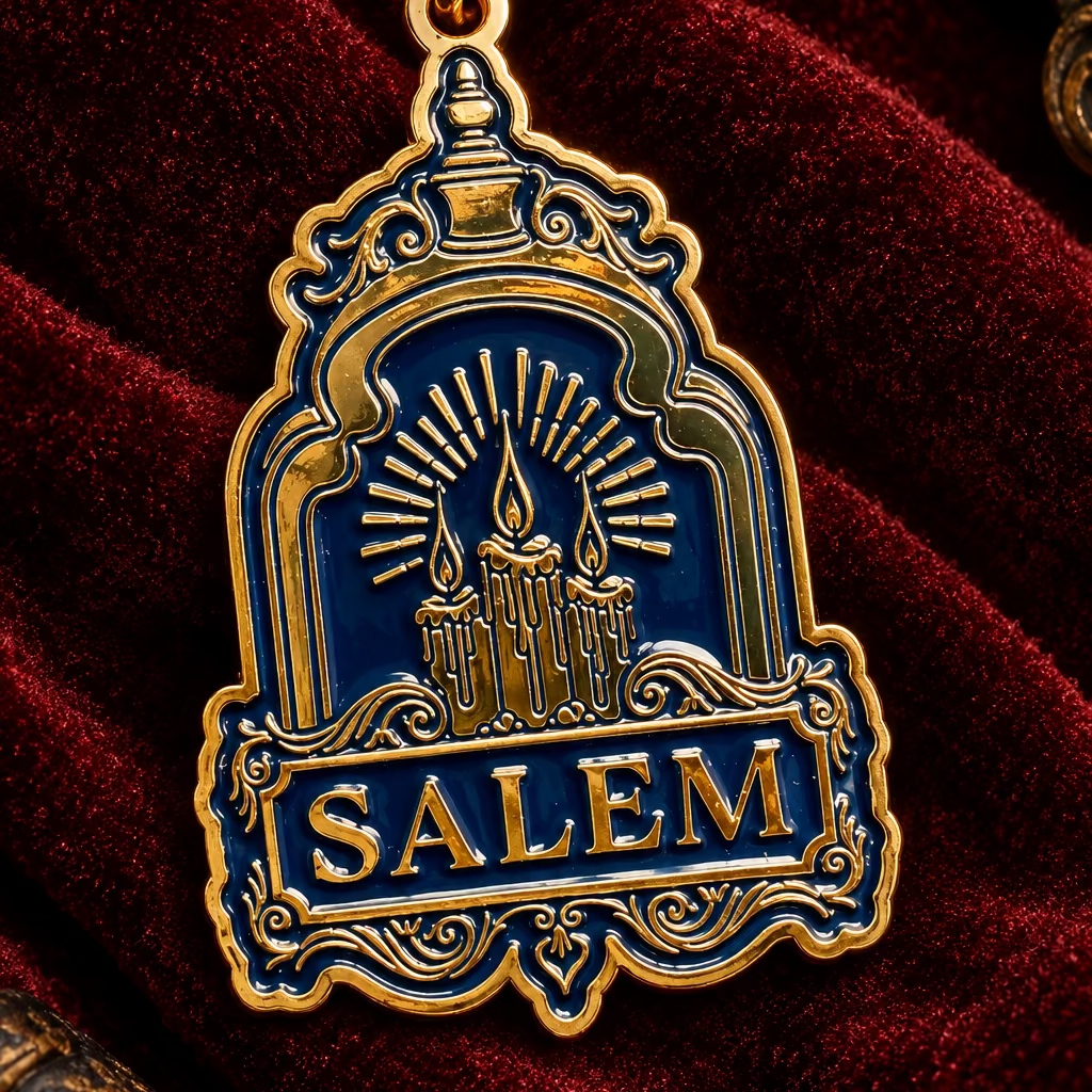 A gold and blue keychain with 'SALEM' written on it and a design that includes a tattoo art style rendering of a lantern.