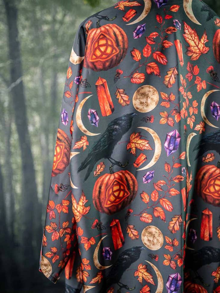 Samhain Pumpkin Raven Hallowen Kimono Robe Satin Cardigan - Nocturne LLC
