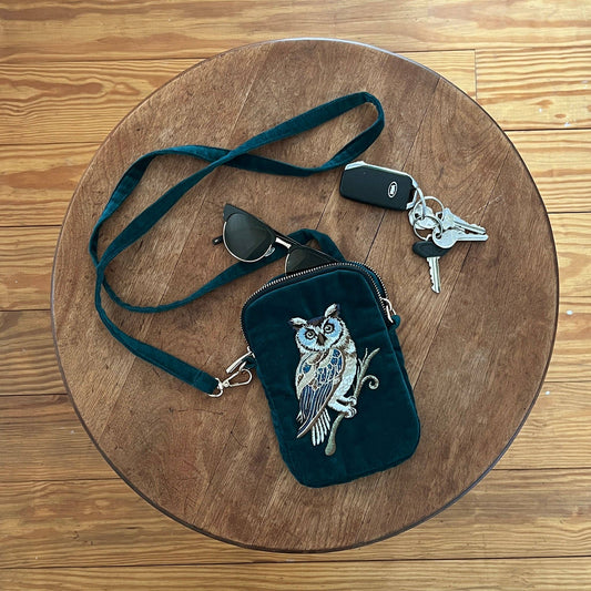 Owl - Wisdom Embroidered Velvet Cell & Sunnies Cross Body