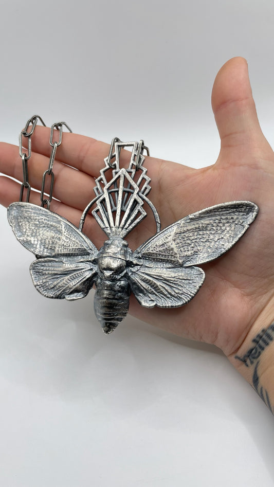 Giant Art Deco Cicada Sterling Silver Necklace by Inex Jewelry