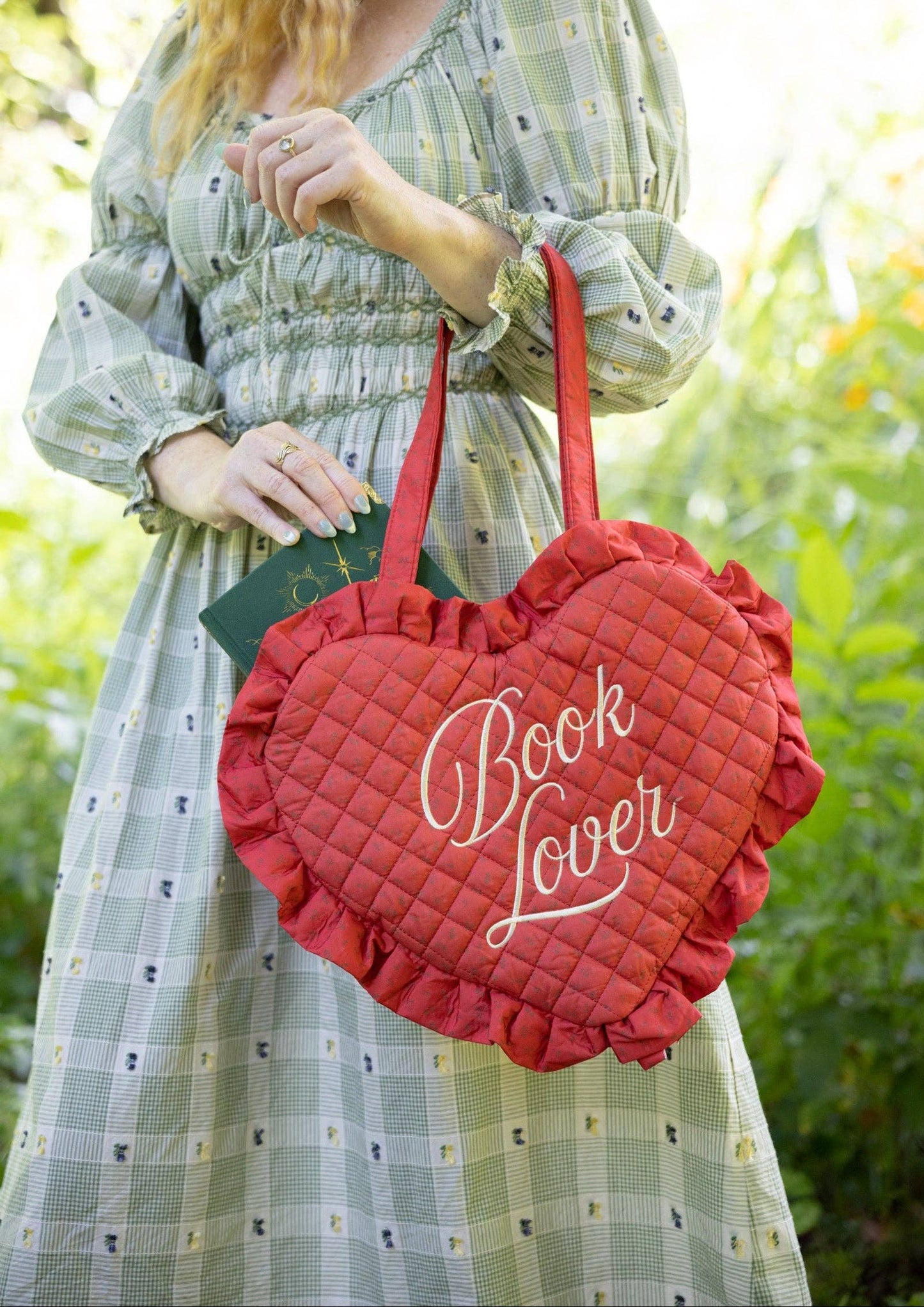 Book Lover Quilted Heart Bag in Red Gingham
