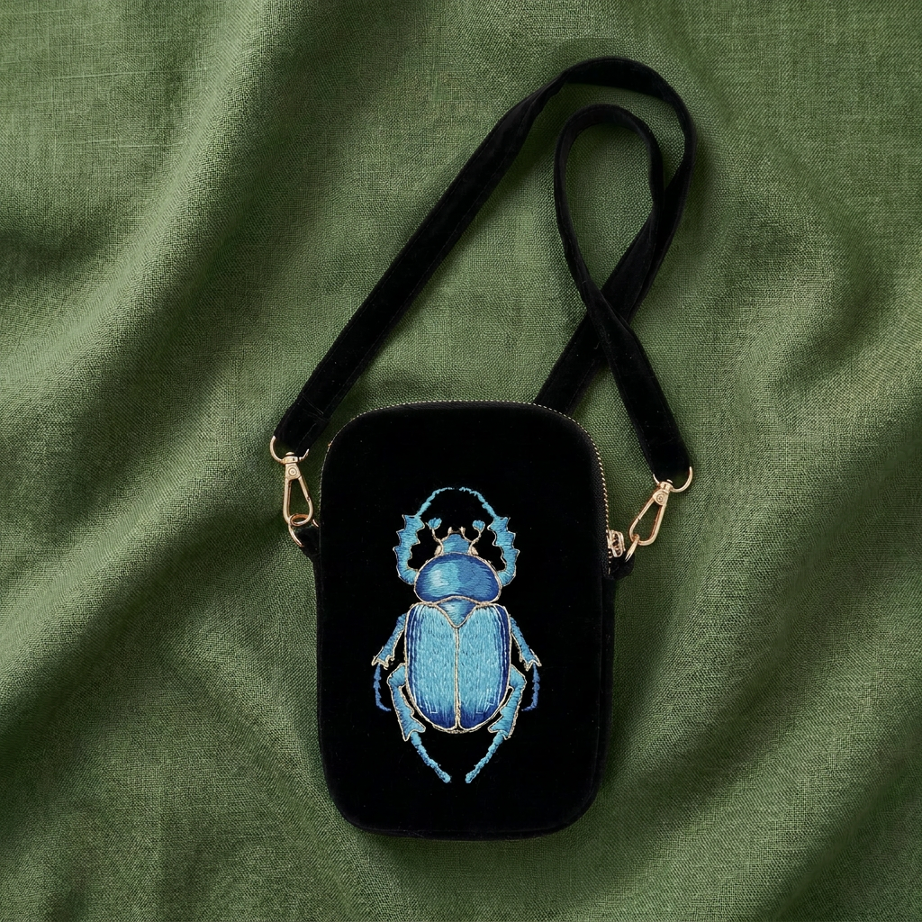 Beetle - The Guardian Embroidered Velvet Cell & Sunnies Pouch