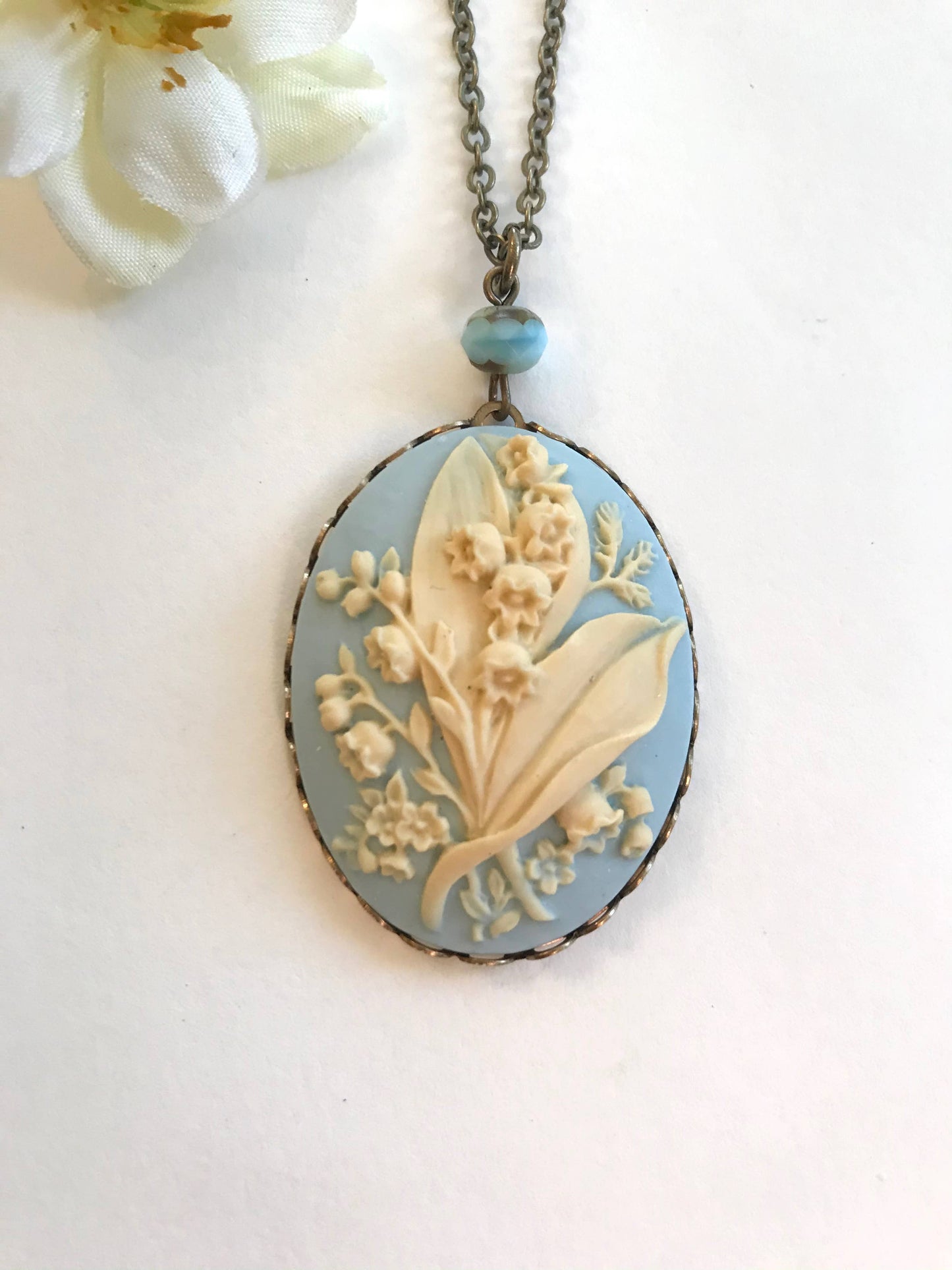 Light Blue Lily Of The Valley Cameo Necklace