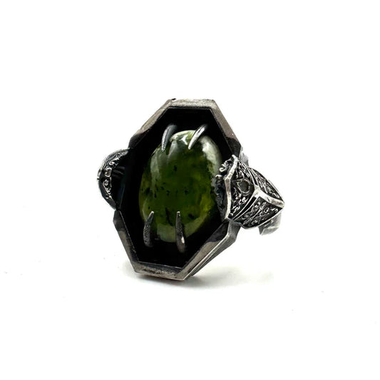 Green Knight Ring with Chrome Chalcedony and Garnet in Sterling Silver