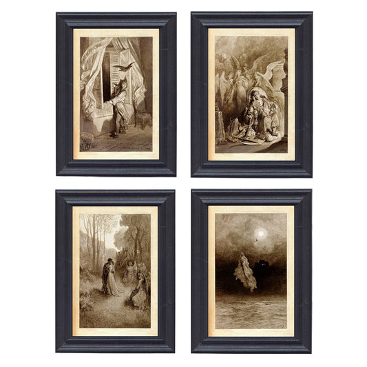 Set of 4 The Raven Edgar Allan Poe Framed Illustration Print