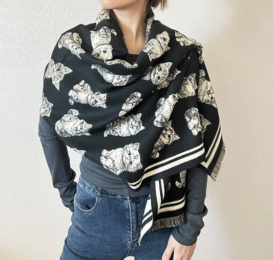 Black Kitten Print Reversible Cashmere Wrap Scarf