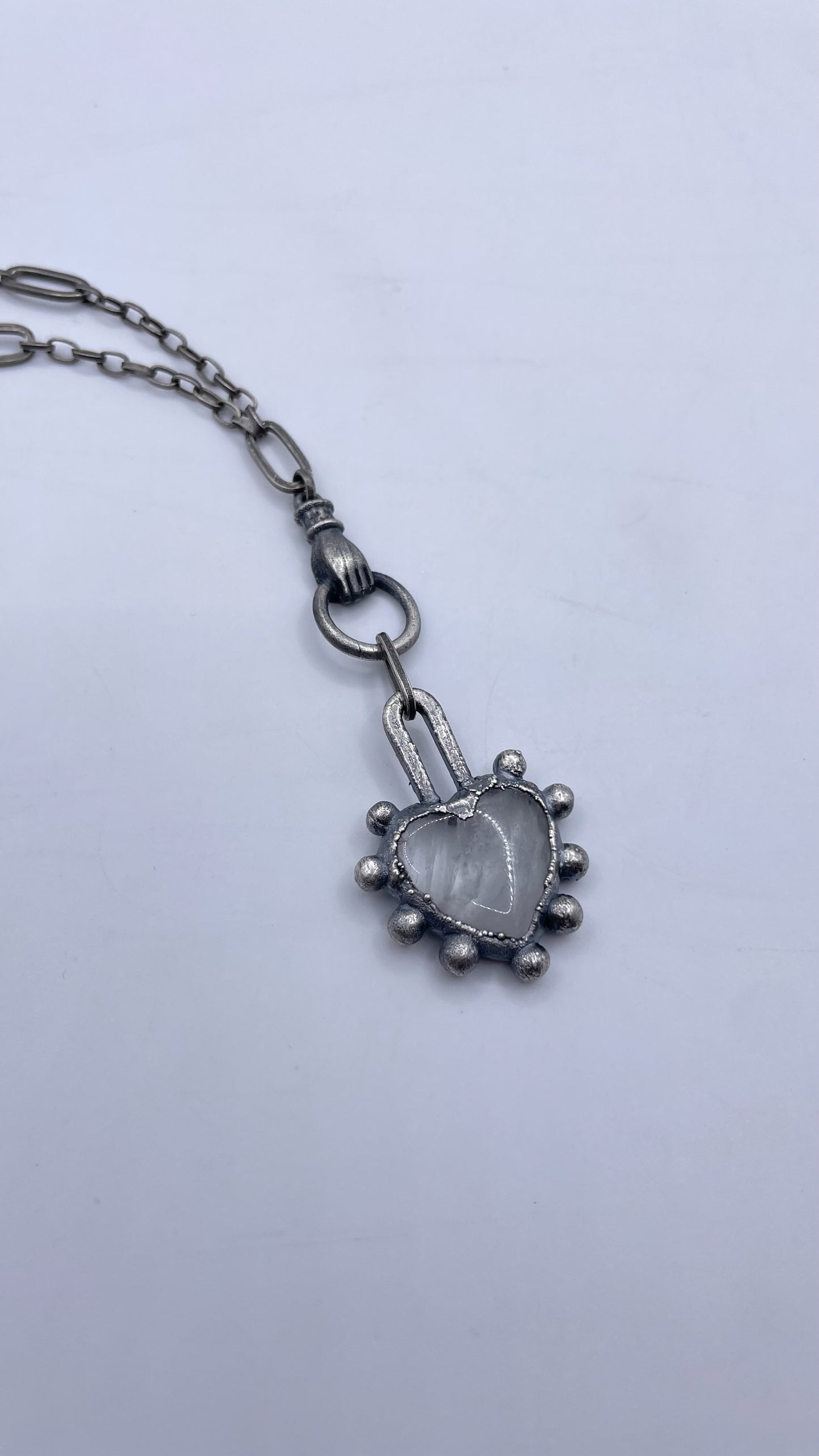 Quartz Bauble Heart with Victorian Hand Detail Sterling Silver Necklace by Inex Jewelry