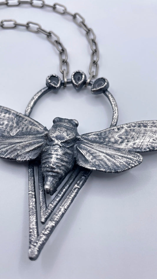 Silver Giant Cicada & Triple Labradorite Necklace by Inex Jewelry