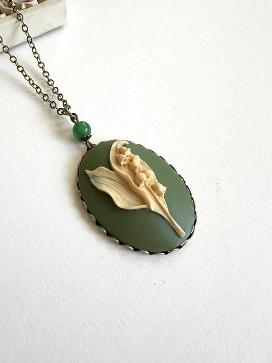 Green Lily Of The Valley Cameo Necklace