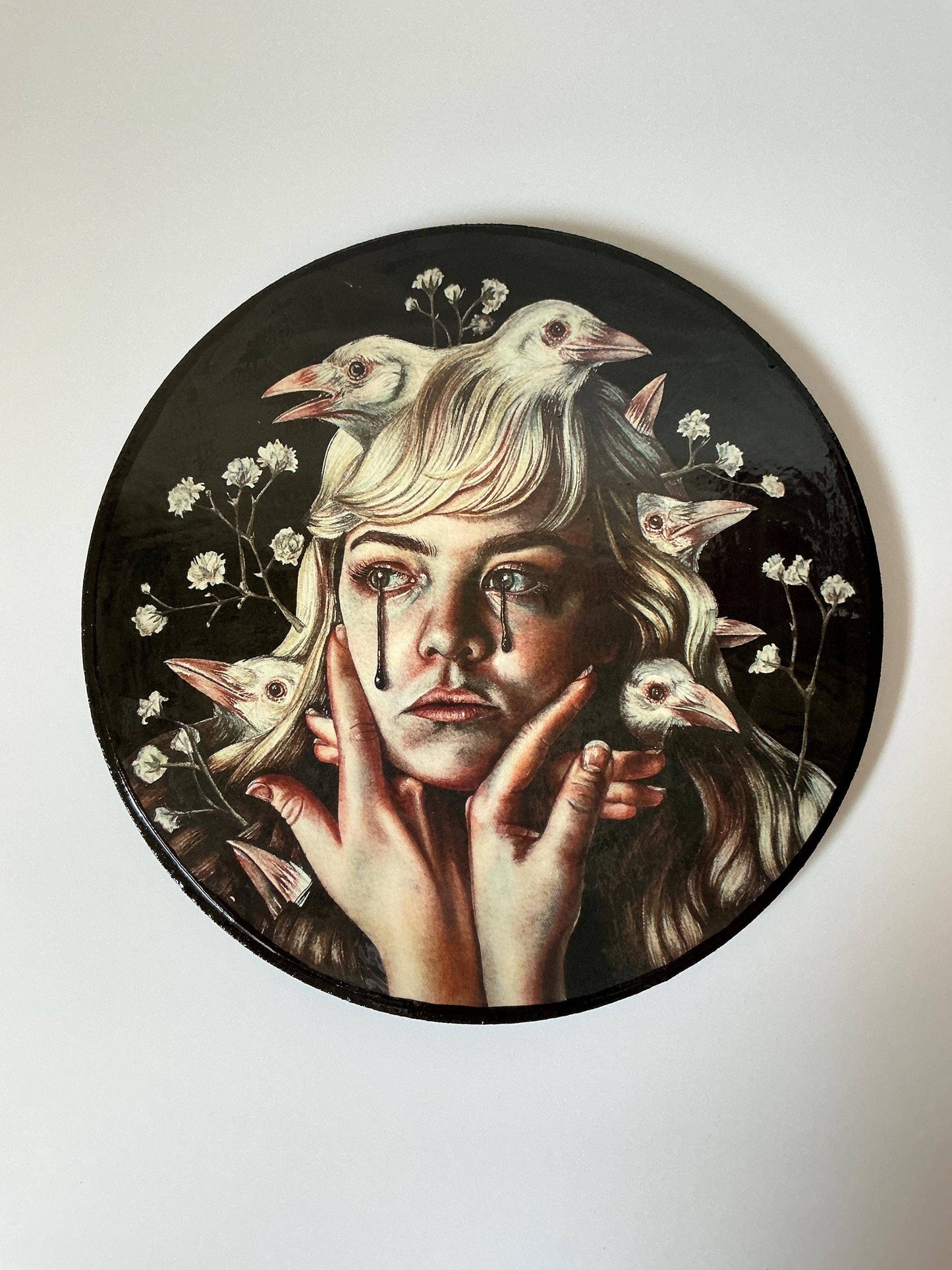 White Crows Watercolor Rose on Wood Panel - Dark Surrealism