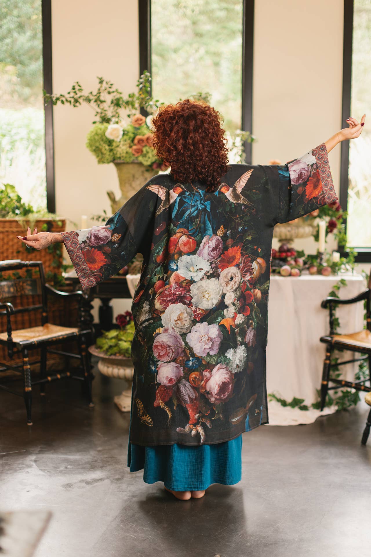 Flight of Fancy Long Duster Kimono Robe w/ Hummingbirds