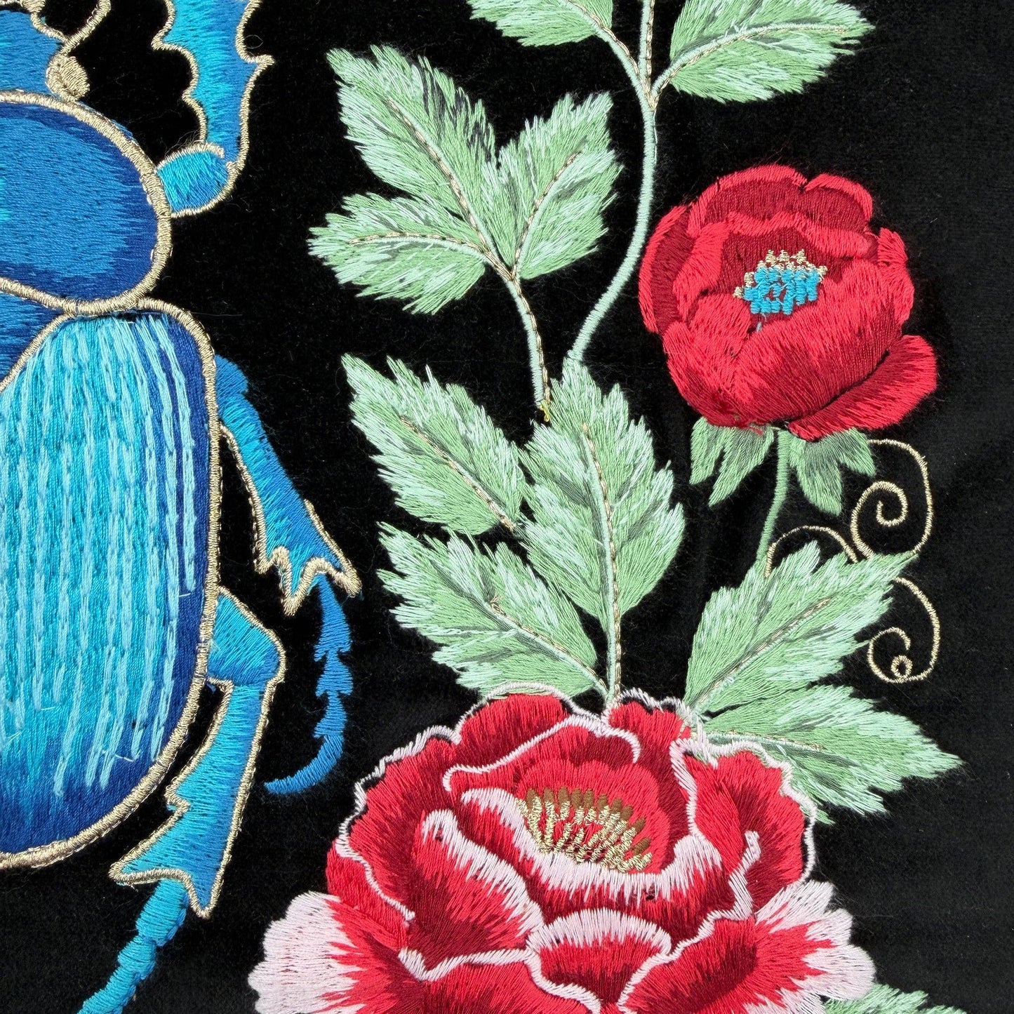 Beetle and Flowers - The Sanctuary Embroidered Velvet Pillow