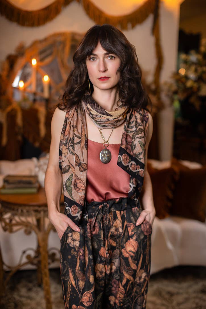 Momento Bohemian Scarf w/ floral print, starling & skull