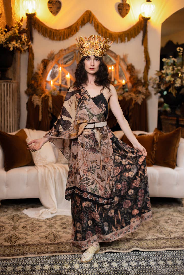 Momento Bohemian Scarf w/ floral print, starling & skull