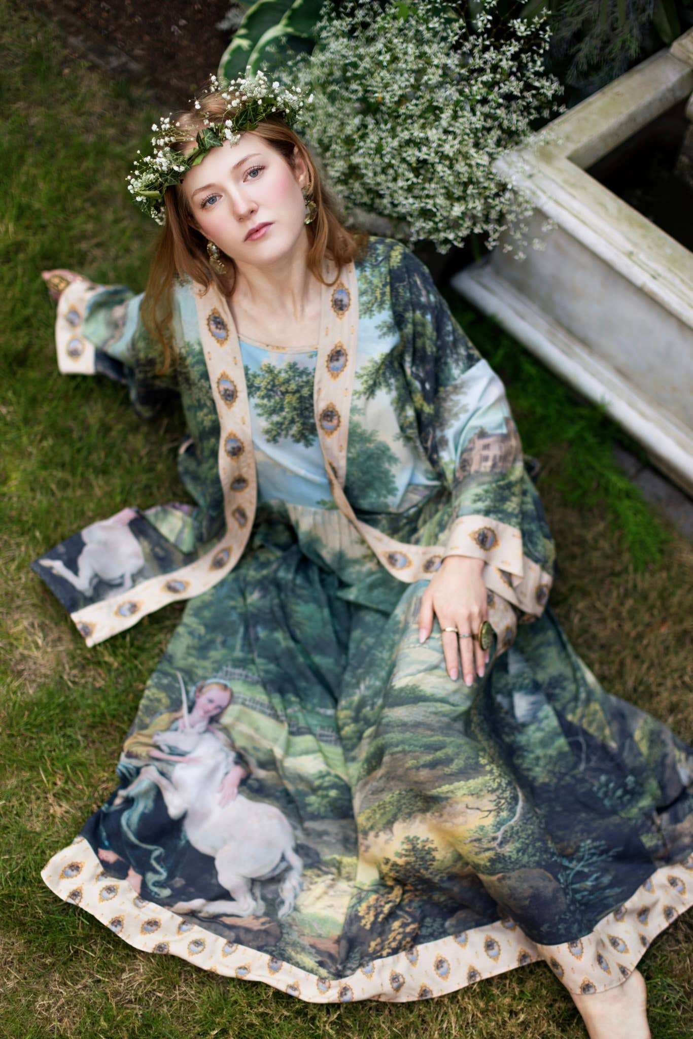 The Mythmaker Bohéme Maxi Slip Dress w/ Landscape & Unicorn