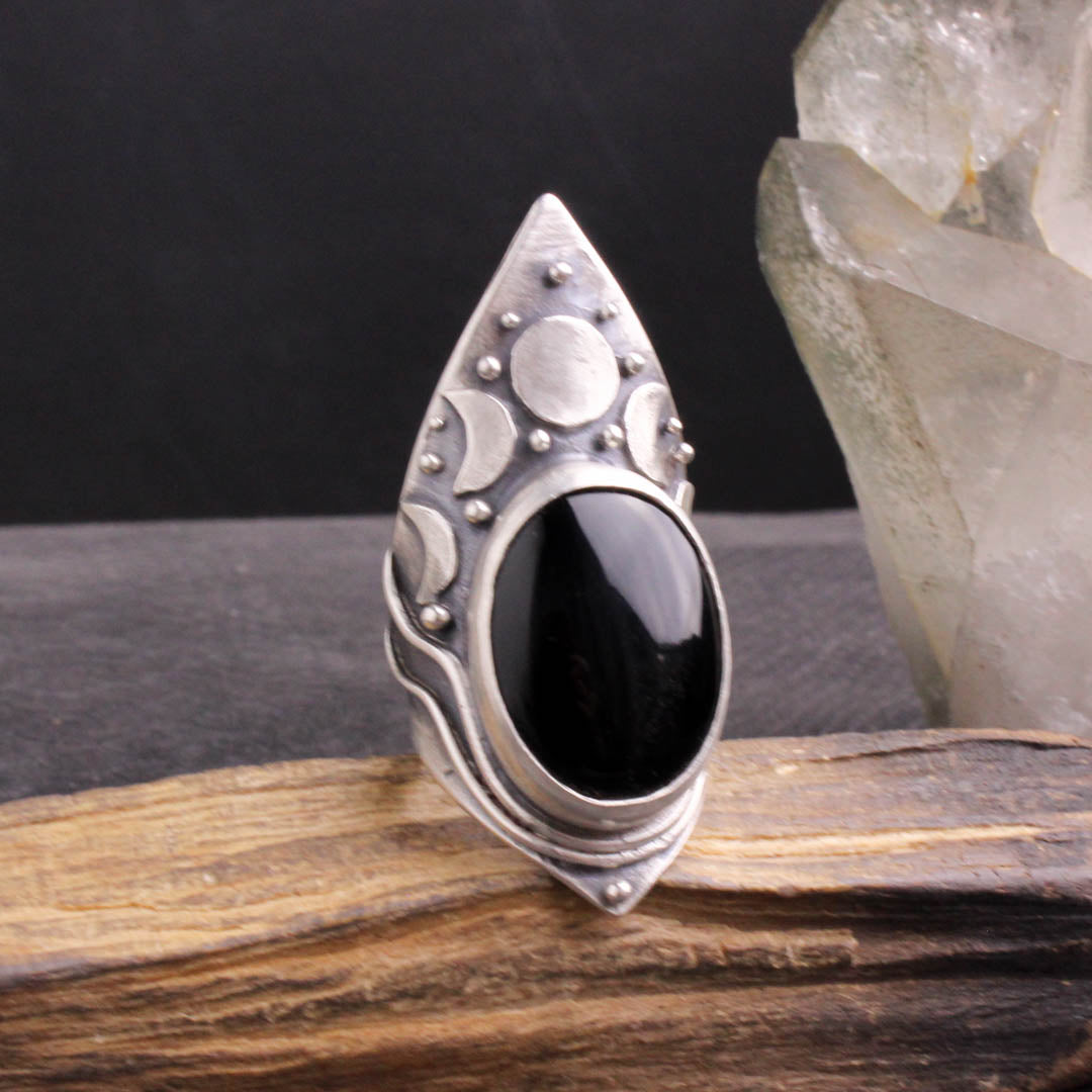 Moon Phase Shield Ring with Black Onyx by Acid Queen Jewelry