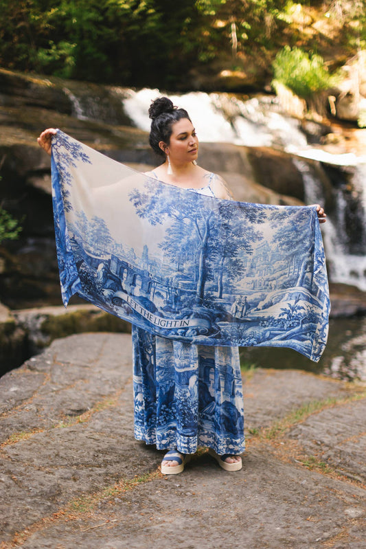 Let The Light In Scarf w/ Blue Delft Toile Print