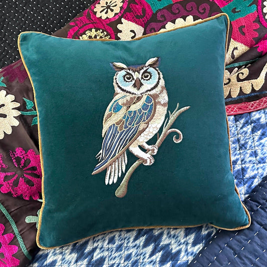 Owl - Wisdom Embroidered Velvet Pillow