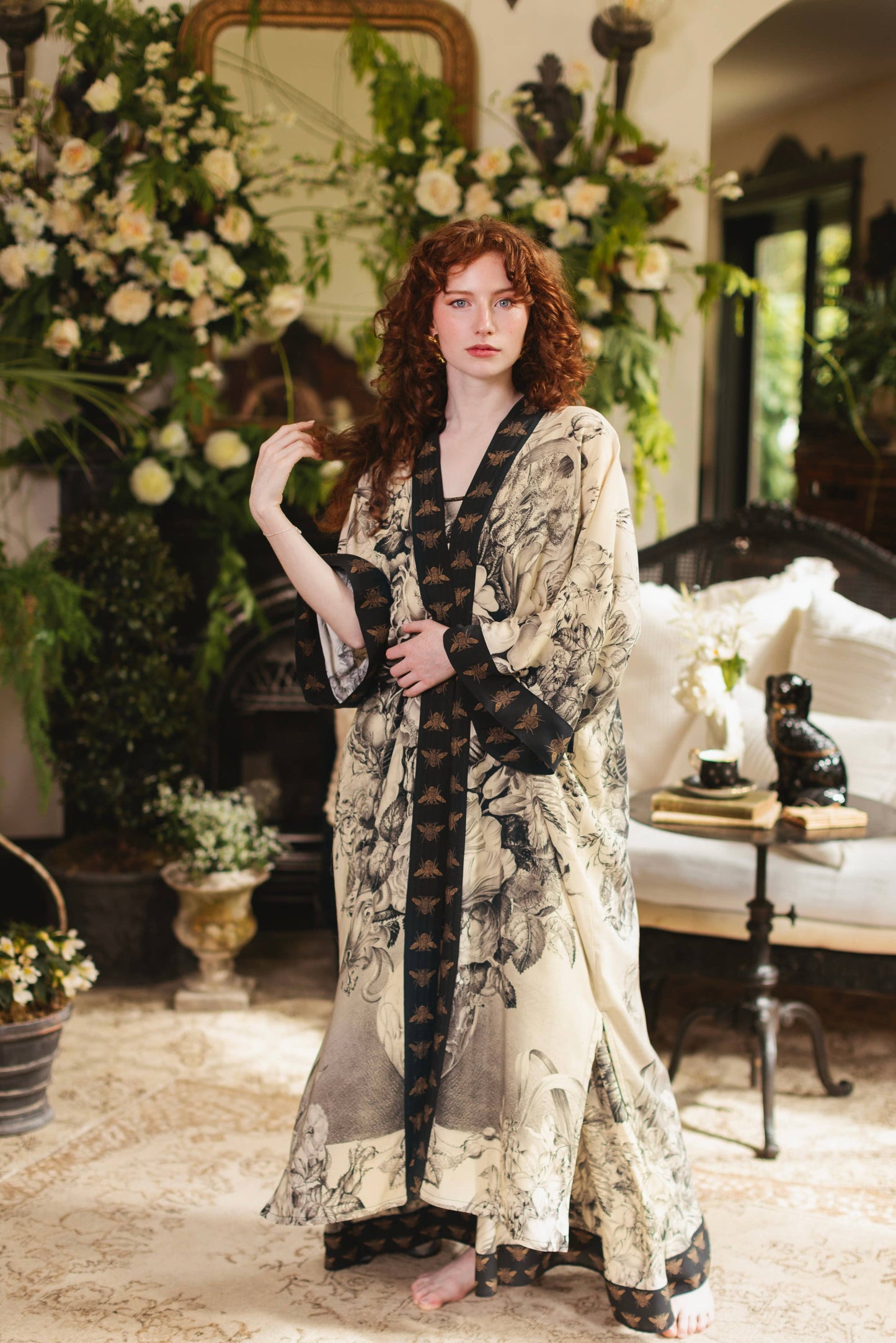 Honey & The Moon Opera Duster Kimono Robe w/ Florals & Bees