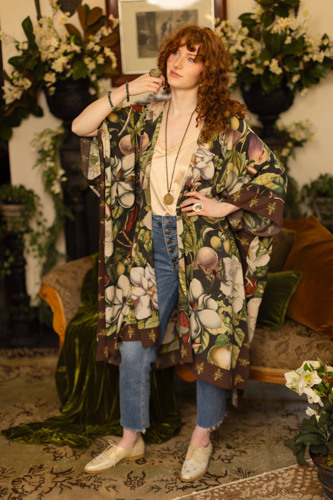 Fleur De Lune Kimono w/ Florals & Bees